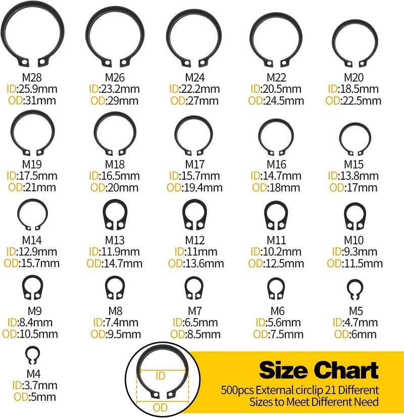 LFSEMINI Shop Assortment - 500pcs Retaining Ring Set, M4-M28, 21 Sizes Alloy Steel Circlip Snap Ring Set - Image 2